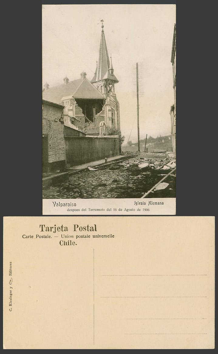 Chile Valparaiso Earthquake Iglesia Alemana German Church Aug. 1906 Old Postcard