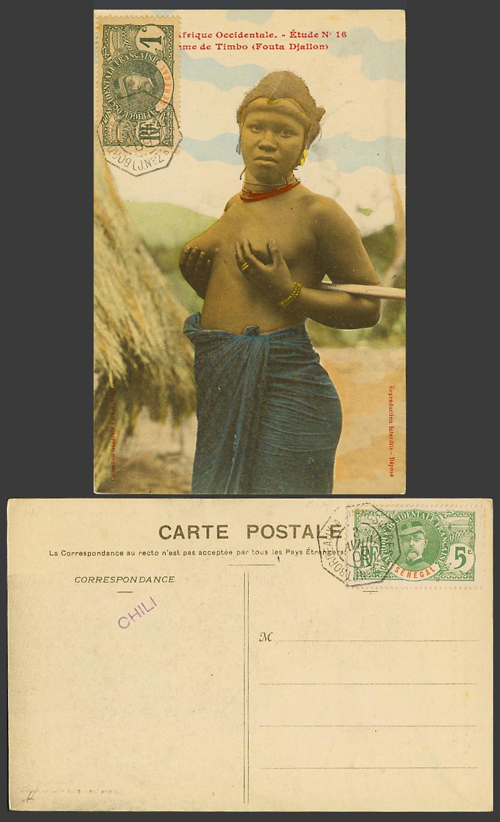 Guinea, Senegal 1c 1909 Old Postcard Timbo Fouta Djallon Native Black Girl Woman