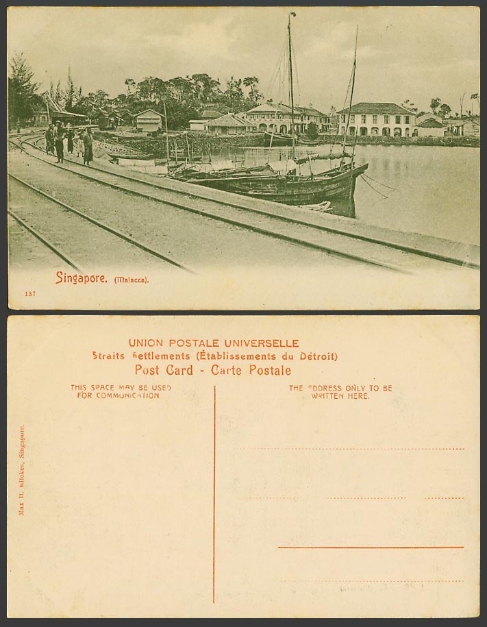 Malacca Singapore Old Postcard Native Sampan Boats in Harbour Railroads Panorama