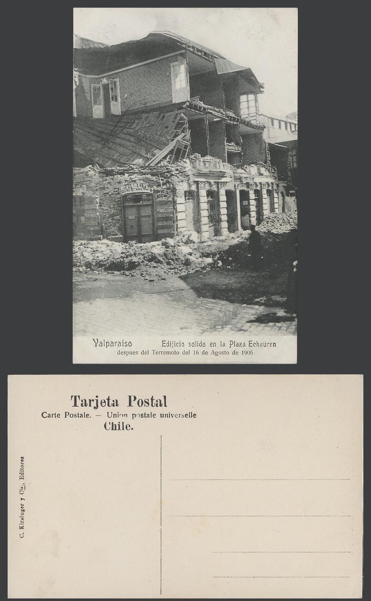 Chile Valparaiso Solido Bldg & Plaza Echauren After Earthquake 1906 Old Postcard
