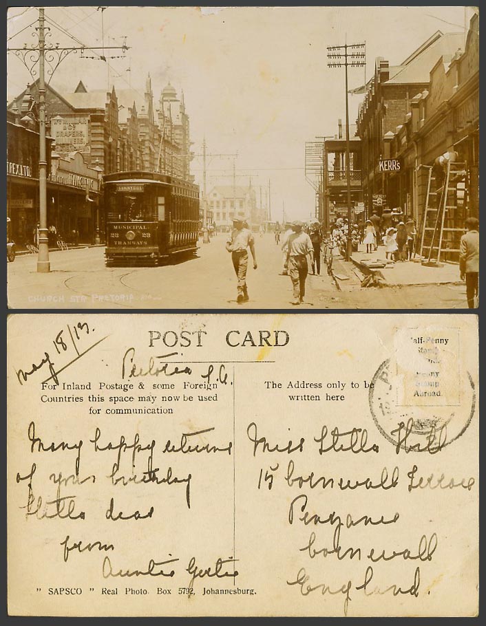 South Africa 1913 Old Postcard Pretoria Church Street, Municipal Tramway TRAM 23