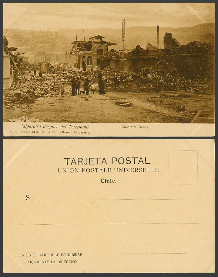 Chile Valparaiso after Earthquake Terremoto, Calle Las Heras Street Old Postcard