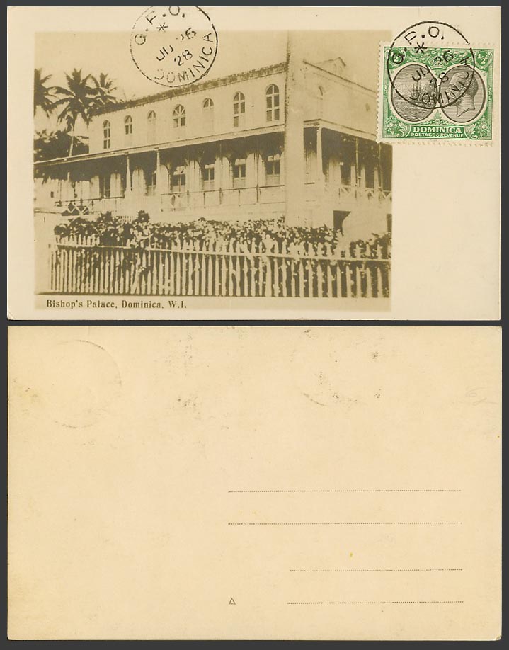 Dominica KG5 1/2d G.P.O. 1928 Old R.P. Postcard Bishop's Palace W.I. West Indies