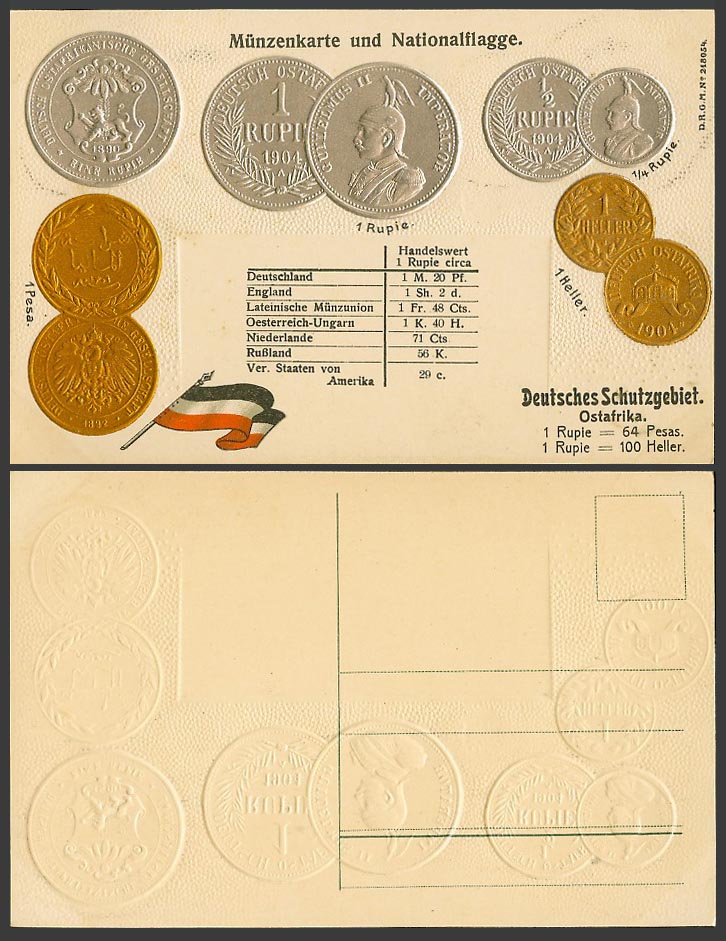 German East Africa Germany Early National Flag 1904 Coins Coin Card Old Postcard
