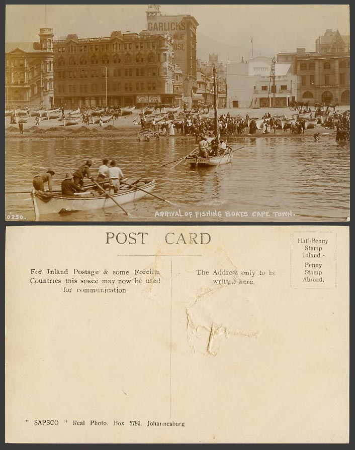 South Africa Old Photo Postcard Arrival of Fishing Boats Cape Town Carlton Hotel
