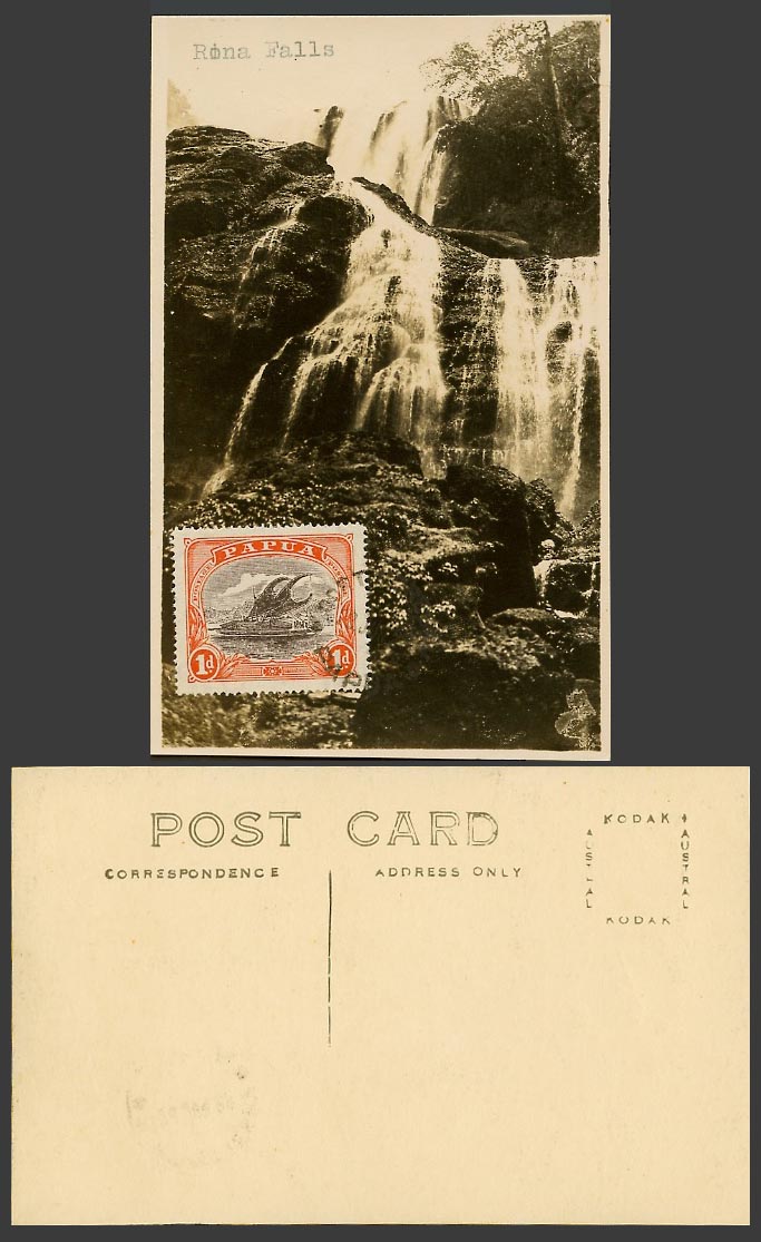 Papua New Guinea 1d 1928 Old Real Photo Postcard Rouna Rona Falls, Laloki Gorge