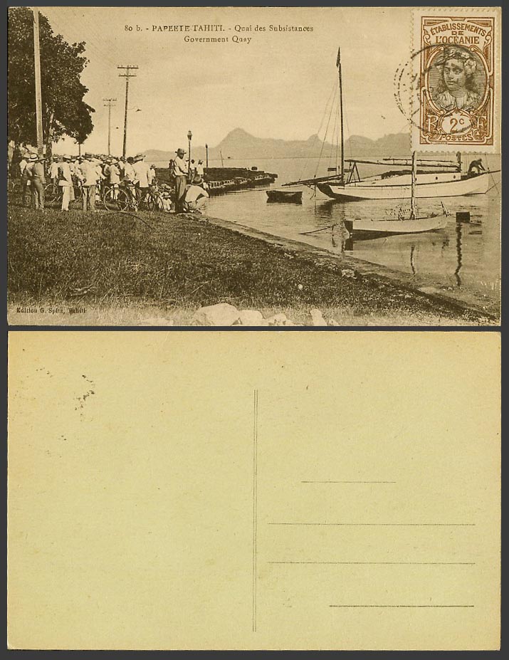 Tahiti 2c 1927 Old Postcard Papeete Government Quay Quai des Subsistances, Boats