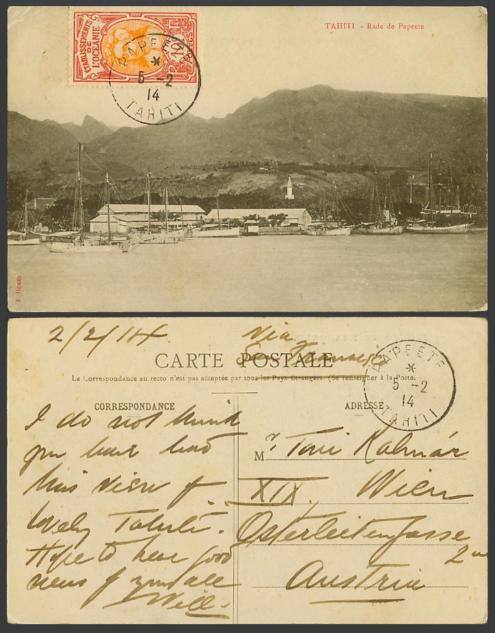 Tahiti 10c 1914 Old Postcard Papeete Rade de Papeete Ships Boats in Harbour Hill