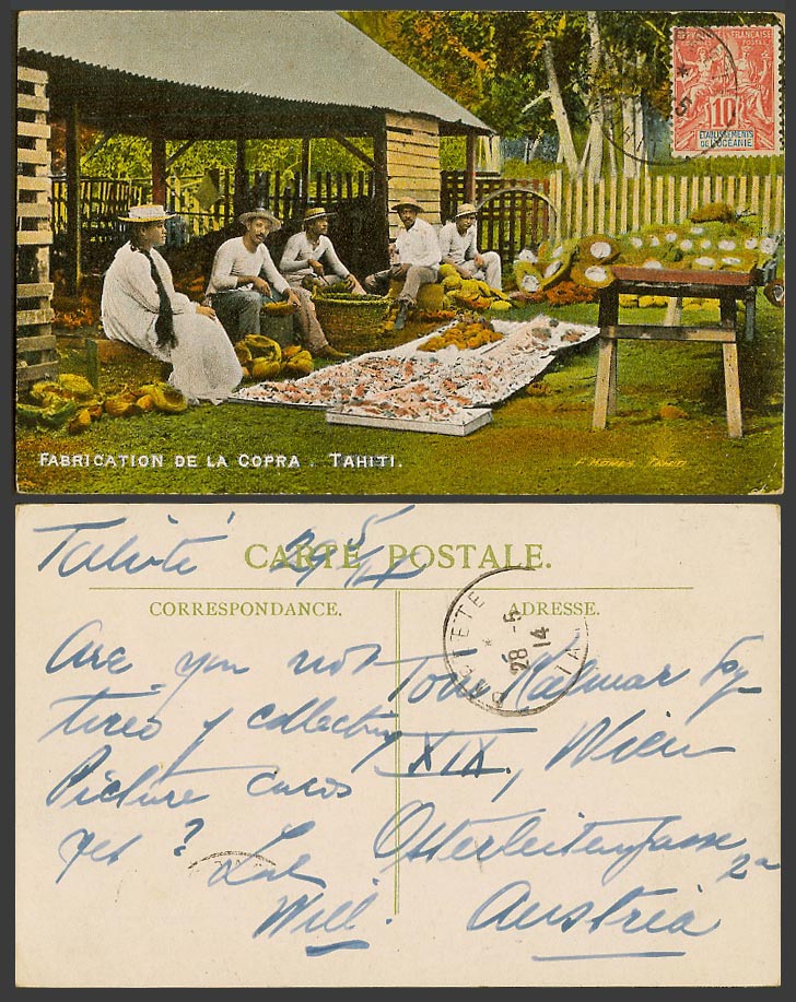 Tahiti 10c 1914 Old Postcard Fabrication de la Copra Coconut Making, Leeward Is.