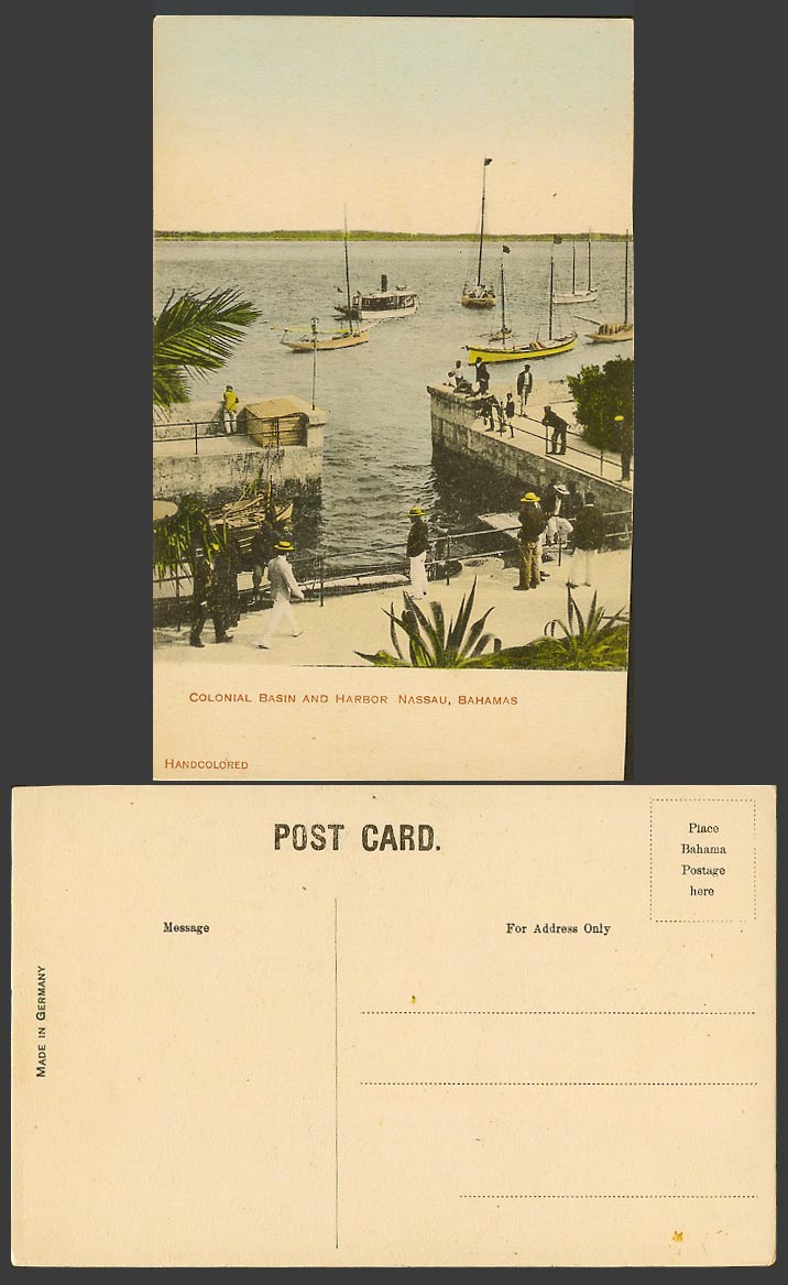 Bahamas Old Hand Tinted Postcard Colonial Basin Harbour Nassau Ferry Ships Boats