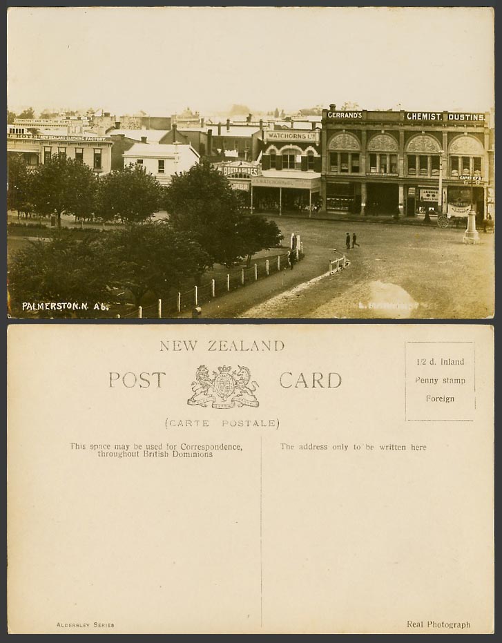 New Zealand Old Real Photo Postcard Palmerston North, Street Scene Chemist Hotel