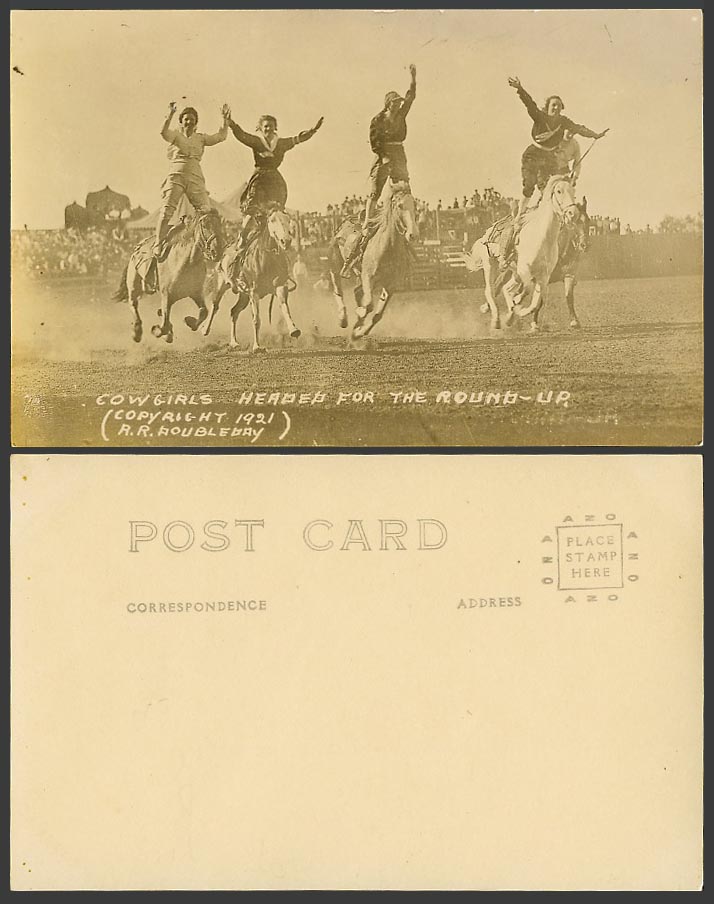 USA Old Real Photo Postcard Cowgirls Headed Up For Round-Up 1921 A.R. Doubleday