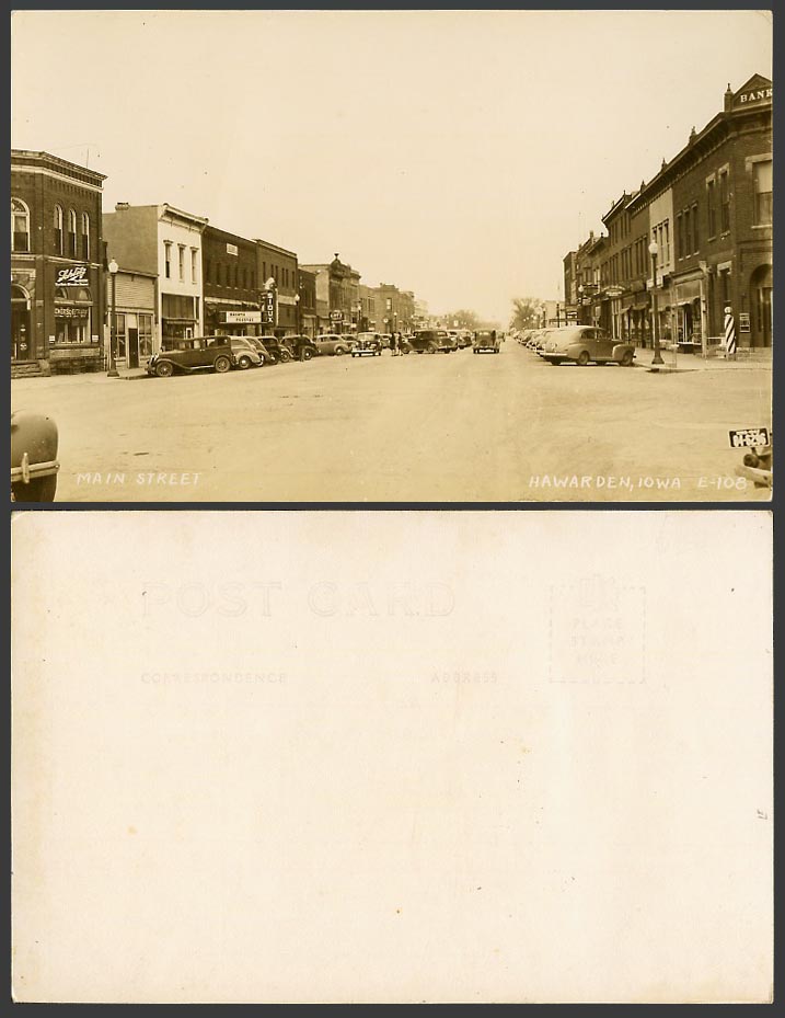 USA Old Real Photo Postcard Hawarden Iowa Main Street Scene, BANK Old Motor Cars