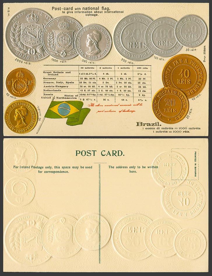 Brazil National Flag & Vintage Coins Illustrated Coin Card Old Embossed Postcard