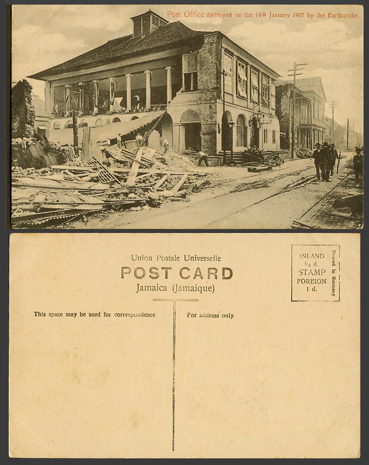 Jamaica - Post Office destroyed by Earthquake on 14th January 1907 Old Postcard