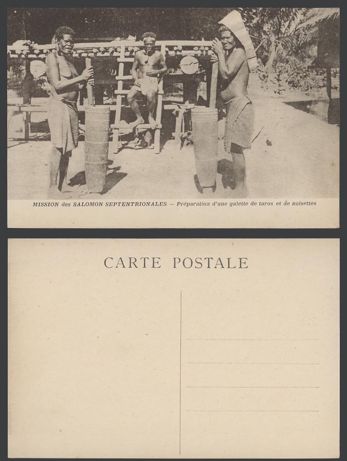 Solomon Islands Old Postcard Natives Preparation of a Taro and a Hazelnut Cakes