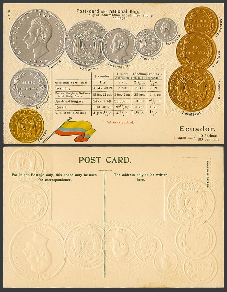 Ecuador Flag & Vintage Coins Illustration Coin Card 1 Sucre, Condor Old Postcard