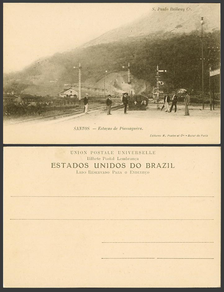 Brazil Brasil Old Postcard Santos, Estacao de Piassaguera, Train Railway Station