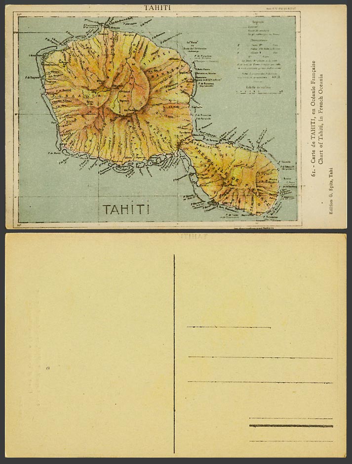 Tahiti Island, MAP, Carte Chart of Tahiti in French Oceania Old Colour Postcard