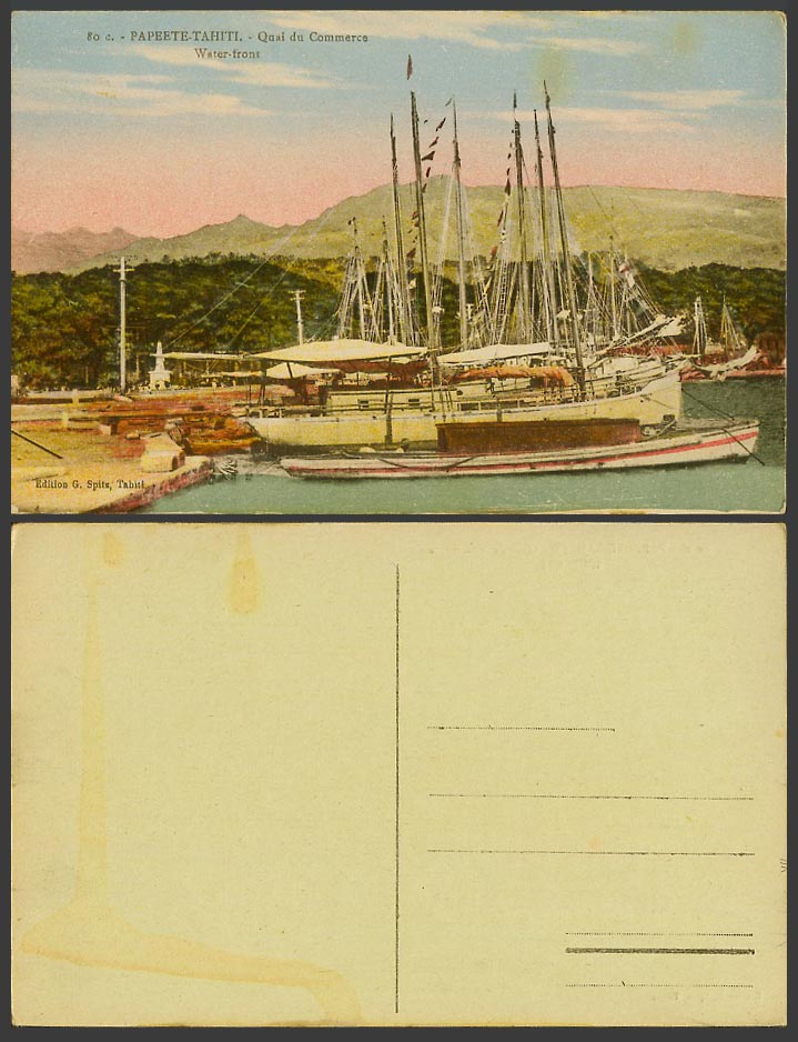 Tahiti Old Postcard Papeete Pape'ete Quay Quai du Commerce Waterfront Ship Boats