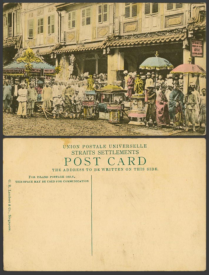 Singapore Old Hand Tinted Postcard Chinese Funeral Party Street Procession Monks
