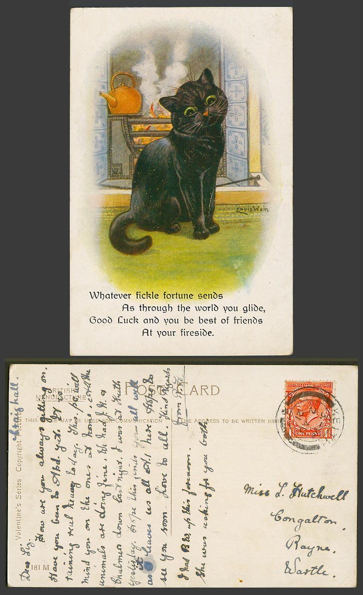 Louis Wain Artist Signed Black Cat Luck Kettle Teapot Fireside 1921 Old Postcard