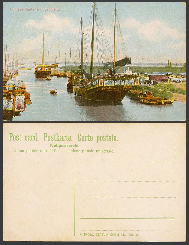 China Old Colour Postcard Chinese Junks & Sampans River Scene Native Boats Ships