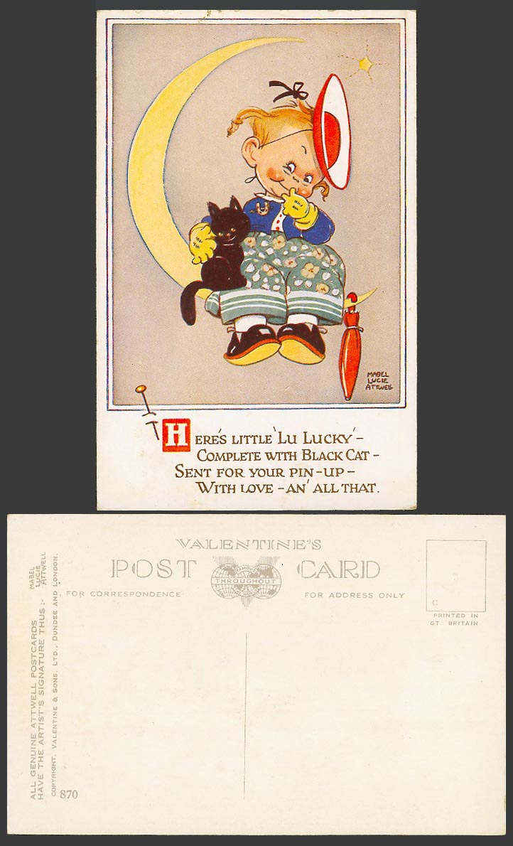MABEL LUCIE ATTWELL Old Postcard Girl Lu Lucky Black Cat Kitten on New Moon 870