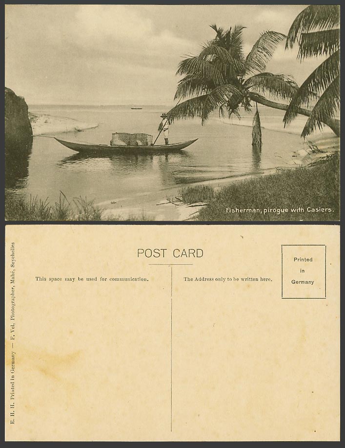 Seychelles Old Postcard Fisherman Pirogue with Casiers Fishing Boat Fishery Palm
