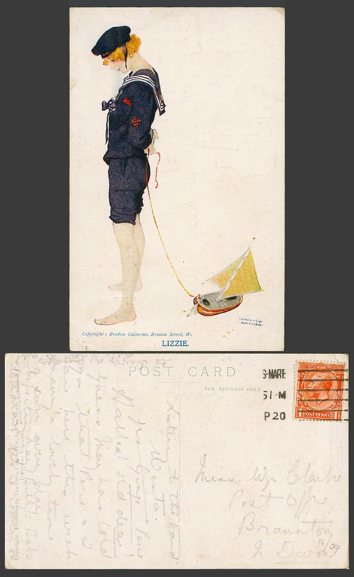 Raphael Kirchner 1920 Old Postcard LIZZIE Sailor Woman Lady Girl with Model Boat