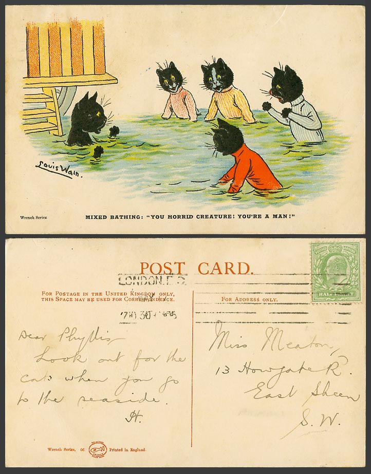 Louis Wain Artist Signed Black Cat Mixed Bathing You Are a Man 1905 Old Postcard