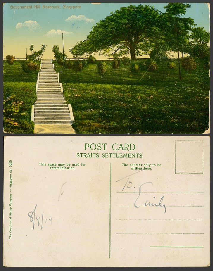 Singapore 1914 Old Postcard Government Hill Reservoir Steps, Straits Settlements