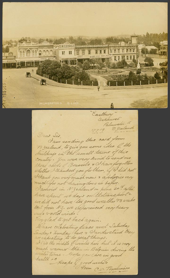 New Zealand 1919 Old RP Postcard Palmerston N. Street DM George Occidental Hotel