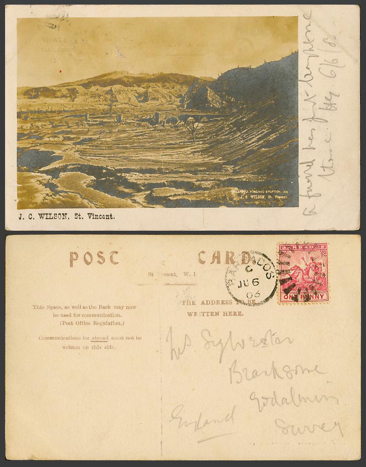 St. Vincent 1903 Old RP Postcard Wallilabou Volcanic Eruption 1902, J. C. Wilson