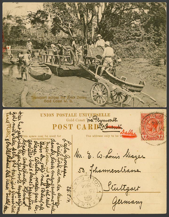 Gold Coast WA KG5 1d 1914 Old Postcard Transport across River Densu, Boats, Cart