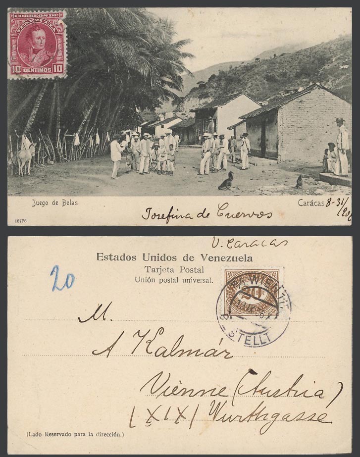 Venezuela Austria Postage Due 1906 Old Postcard Caracas Juego de Bolas Ball Game