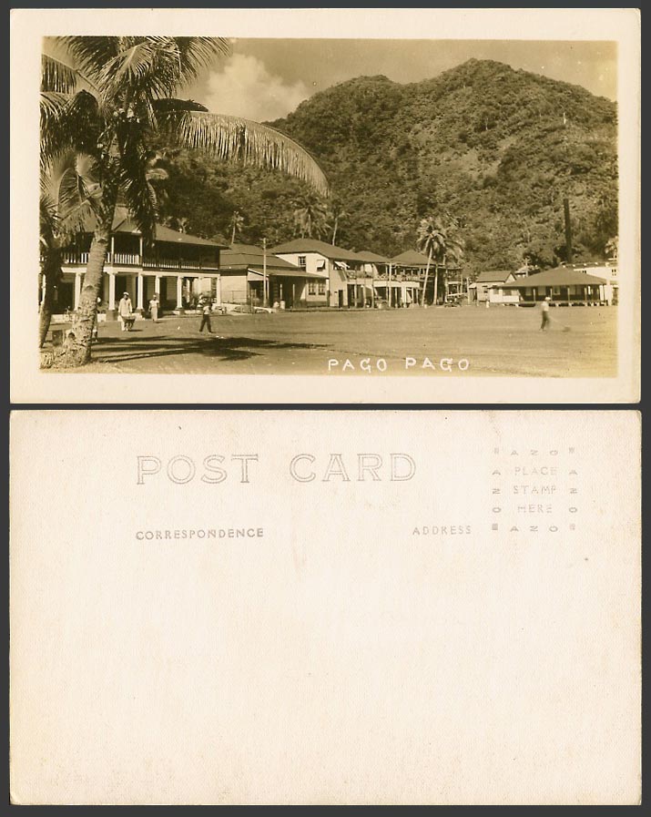 Samoa Old Real Photo Postcard PAGO PAGO, Street Scene Houses Palm Trees Mountain