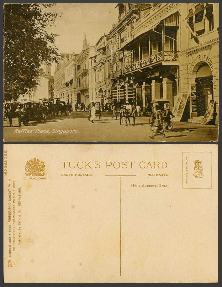 Singapore Old Tuck's Postcard Raffles' Place, Street Scene Rickshaw Coolie Carts