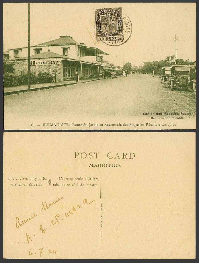 Mauritius 1924 Old Postcard Curepipe, Route du Jardin Succursale Magasins Reunis