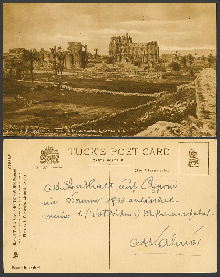 CYPRUS 1933 Old Tuck's Postcard Famagusta St. Sophia Cathedral (Now Mosque) Palm