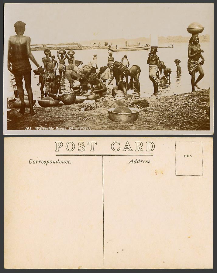 Niger Old Real Photo Postcard Waterside Scene Diver Native Boats Men Washerwomen