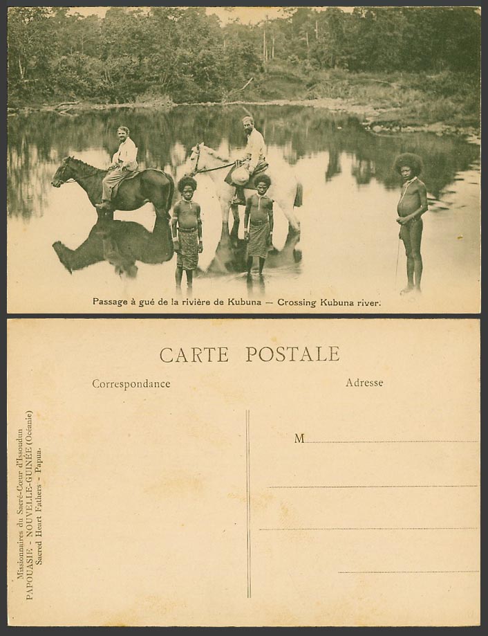 Papua New Guinea Old Postcard Crossing Kubuna River Natives Western Horse Riders