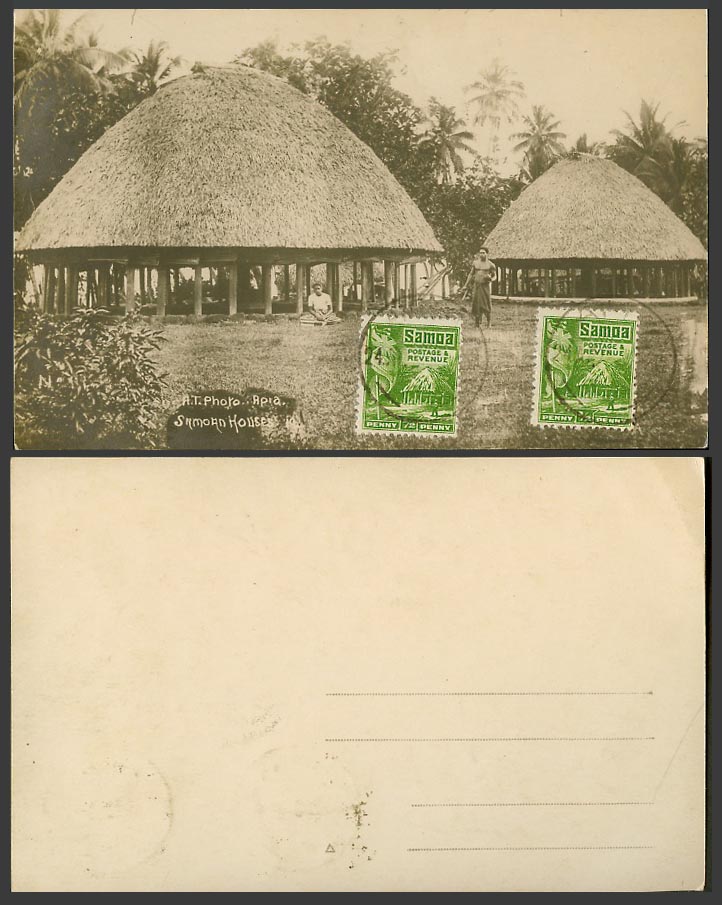 Samoa 1/2d x 2 Old Postcard Native Samoan Houses Men Palm Trees, A.T. Photo Apia