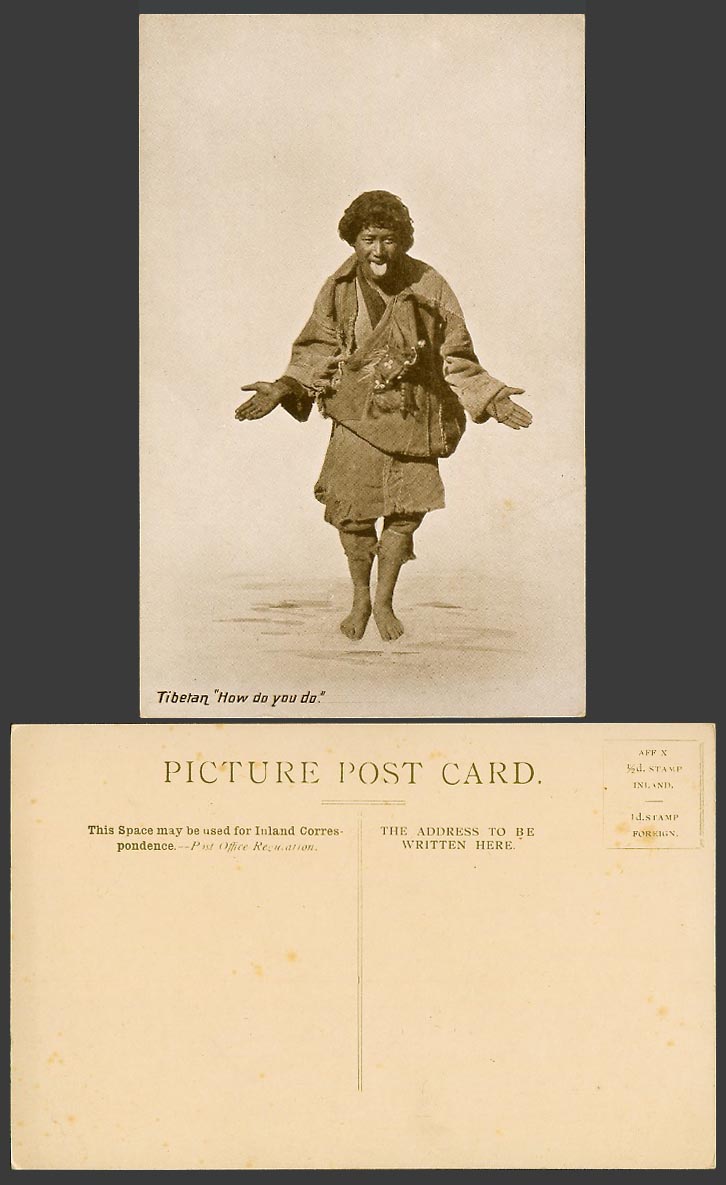 TIBET China India Old Postcard Native Tibetan How Do You Do Tongue Out Greetings