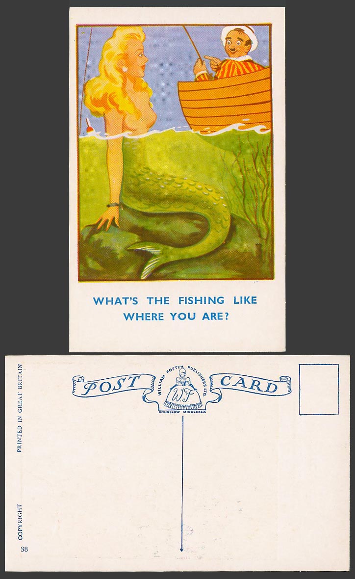 MERMAID What's Fishing Like Where you Are? Angling Angler Fish Boat Old Postcard