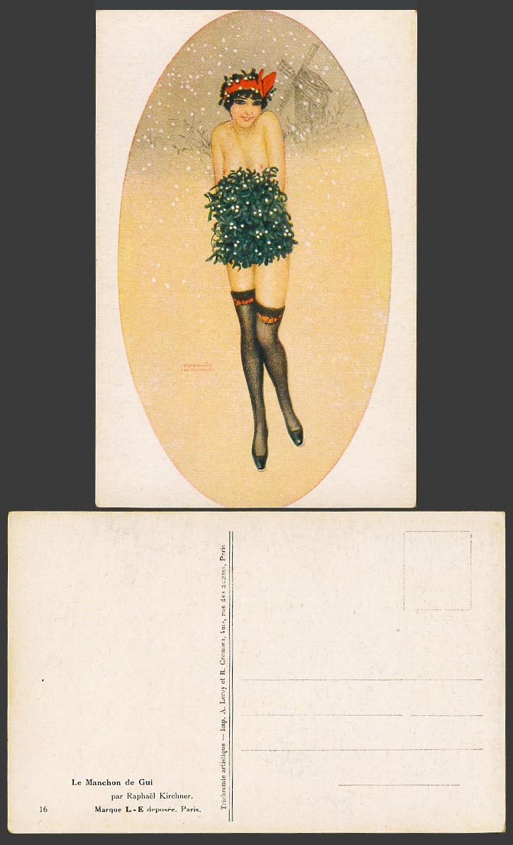 Raphael Kirchner Old Postcard Le Manchon de Gui Windmill Woman Mistletoe Snowing