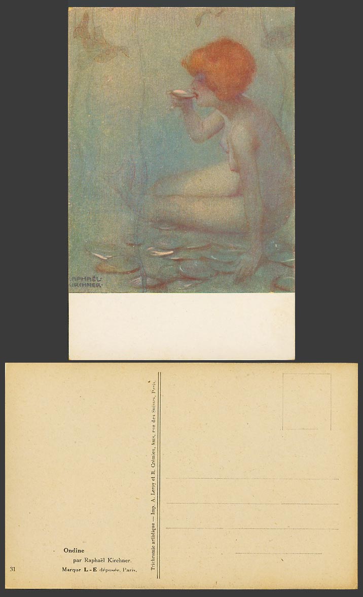 Raphael Kirchner Artist Signed Old Postcard Ondine Undine Nude Woman Lady Drinks