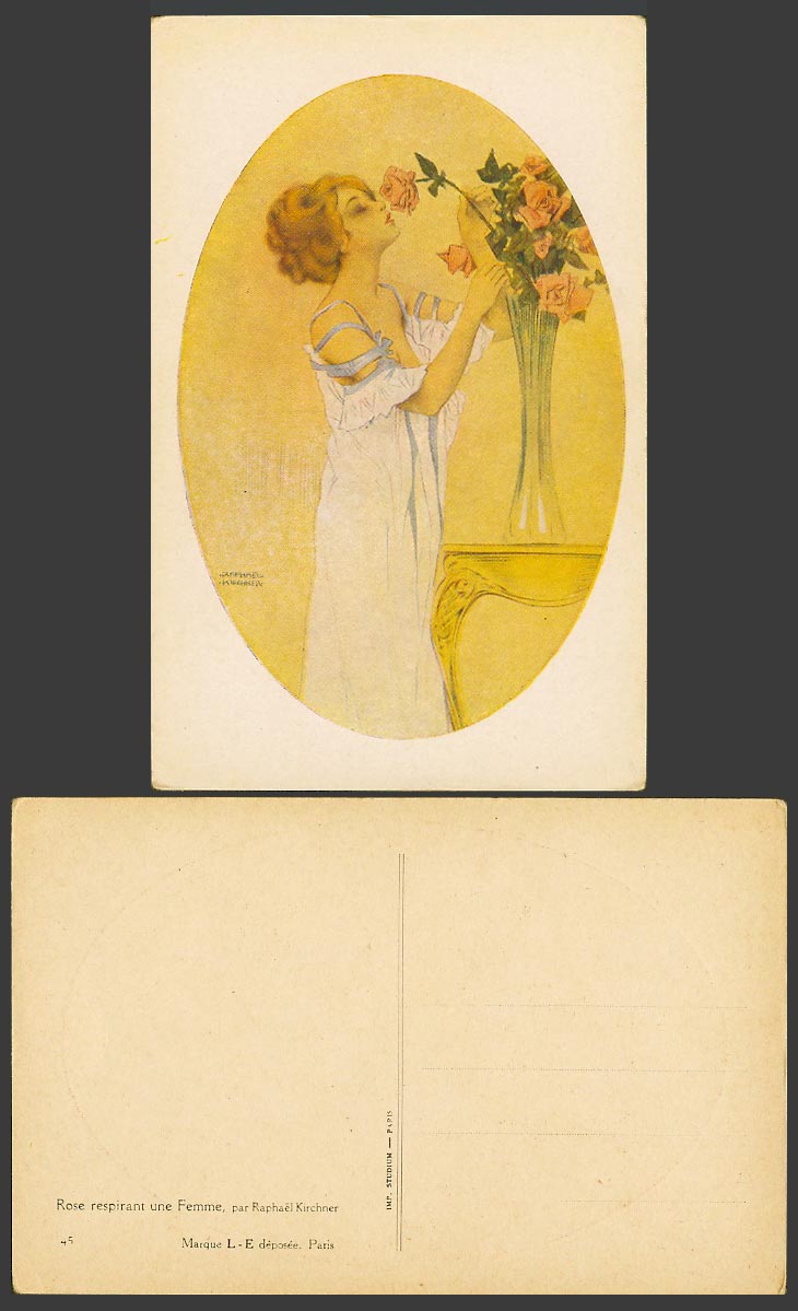 Raphael Kirchner Old Postcard Rose respirant une Femme Glamour Lady Smell Flower