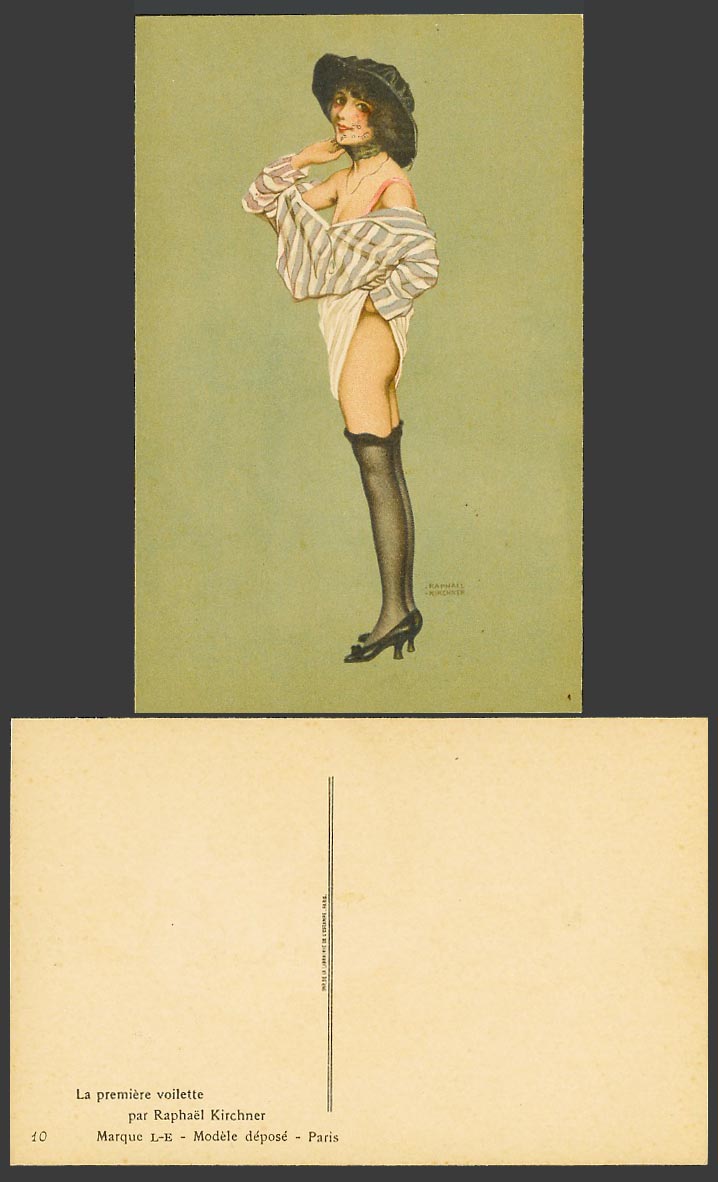 Raphael Kirchner Old Postcard La Premiere Voilette Violet, Woman wears Stockings
