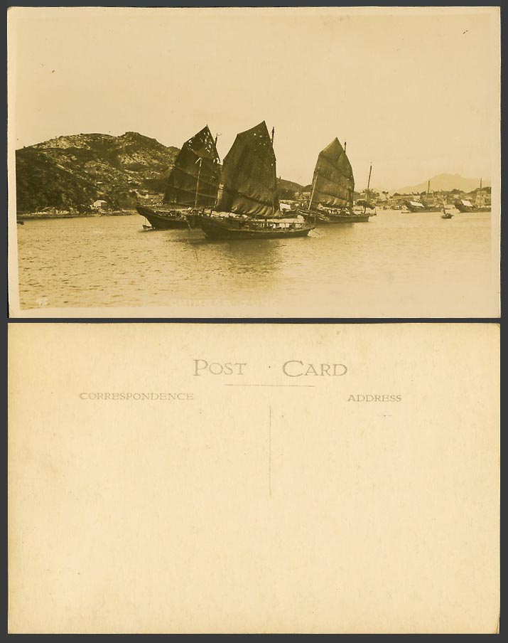 Hong Kong China Old Real Photo Postcard Chinese Junk, Native Sailing Boats Hills